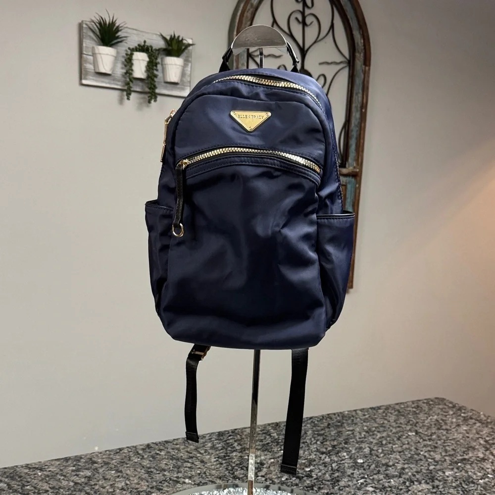 Ellen Tracy Navy Nylon Backpack with Gold Hardware EUC
